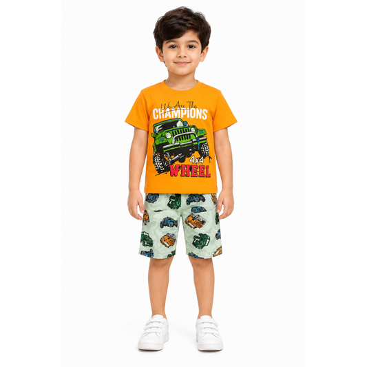 Boys Orange 4x4 Printed T-Shirt & Shorts Set | Kids Summer Wear