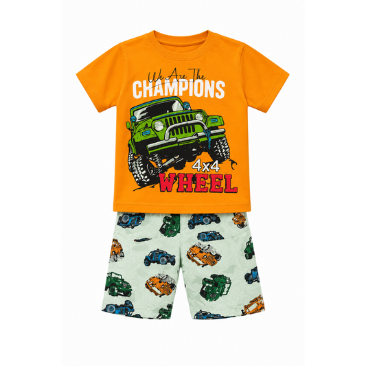 Boys Orange 4x4 Printed T-Shirt & Shorts Set | Kids Summer Wear