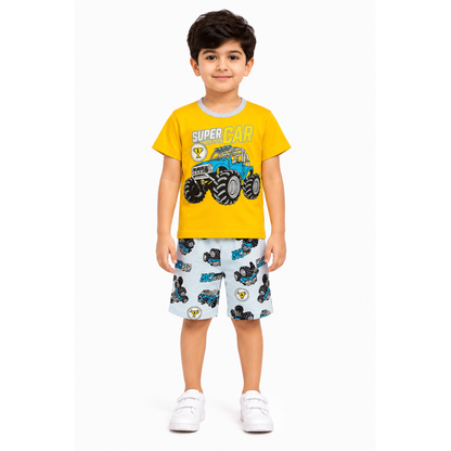 Boys Yellow Monster Truck T-Shirt & Shorts Set | Kids Car Outfit