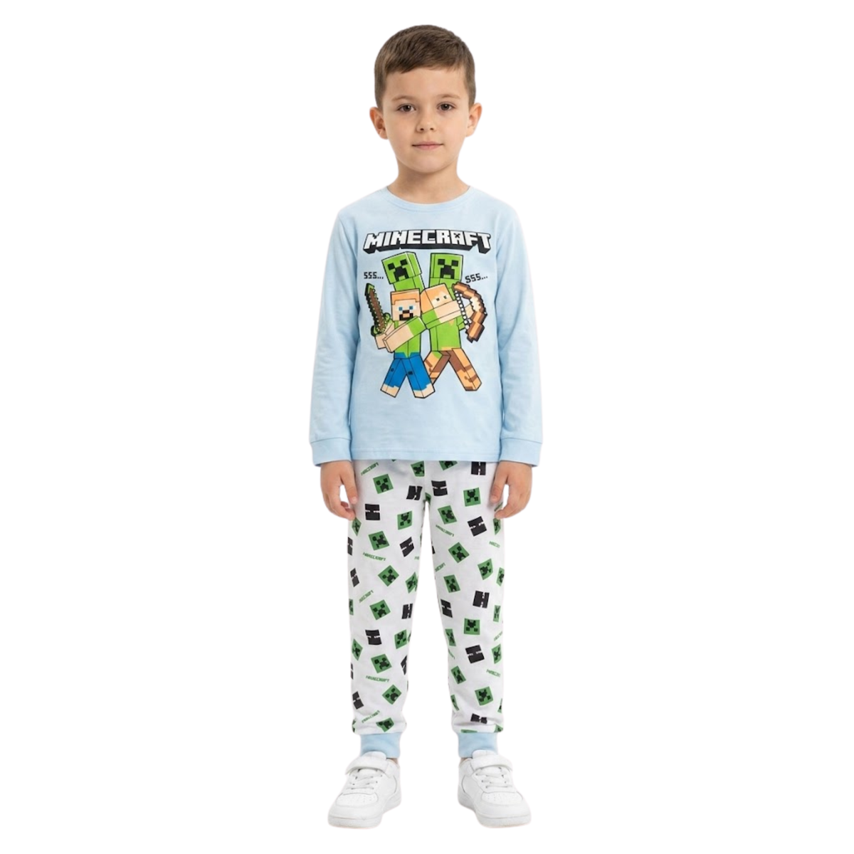 Boys' Minecraft Pajama Set | Light Blue Long Sleeve & Patterned Pants