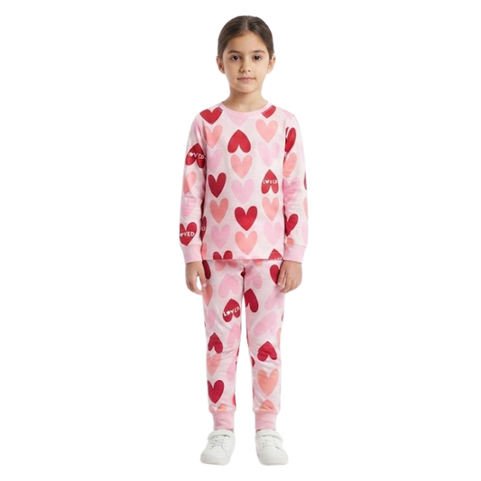 Girls Heart Print Pajama Set | Pink & Red Sleepwear