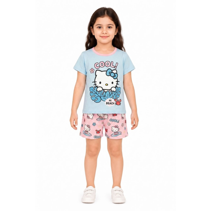 Girls Hello Kitty Blue T-Shirt & Pink Shorts Set | Kids Summer Clothing