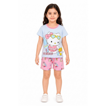 Girls Hello Kitty Light Blue T-Shirt & Pink Shorts Set | Kids Beach Outfit