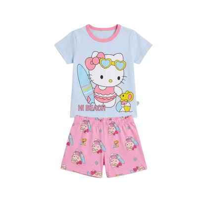 Girls Hello Kitty Light Blue T-Shirt & Pink Shorts Set | Kids Beach Outfit