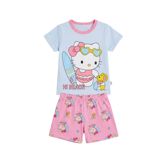 Girls Hello Kitty Light Blue T-Shirt & Pink Shorts Set | Kids Beach Outfit