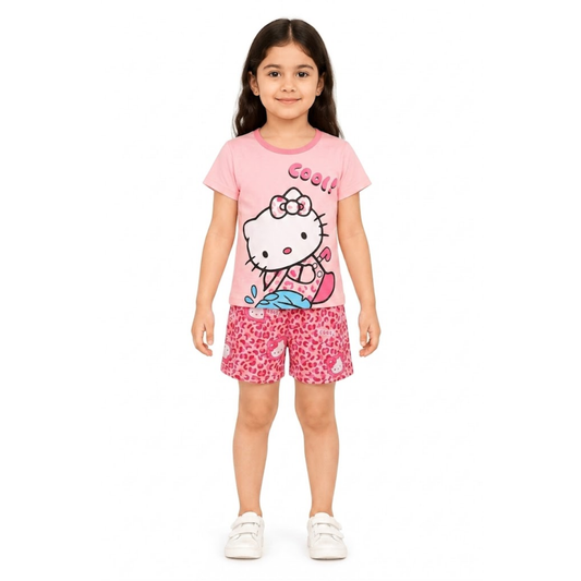 Girls Hello Kitty Pink T-Shirt & Leopard Shorts Set | Kids Clothing