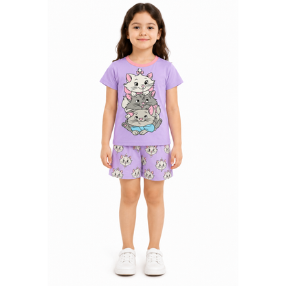 Girls Lavender Cat Print Cotton Shorts Set | Kids Nightwear