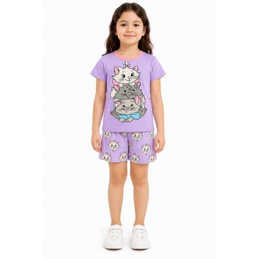 Girls Lavender Cat Print Cotton Shorts Set | Kids Nightwear