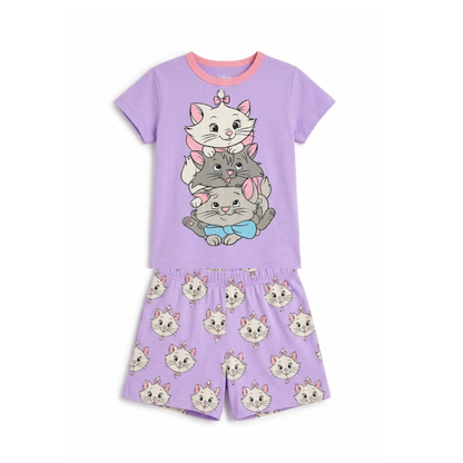 Girls Lavender Cat Print Cotton Shorts Set | Kids Nightwear