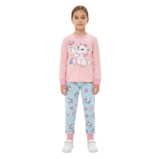 Girls Marie Cat & Butterfly Pajama Set | Pink & Blue Sleepwear