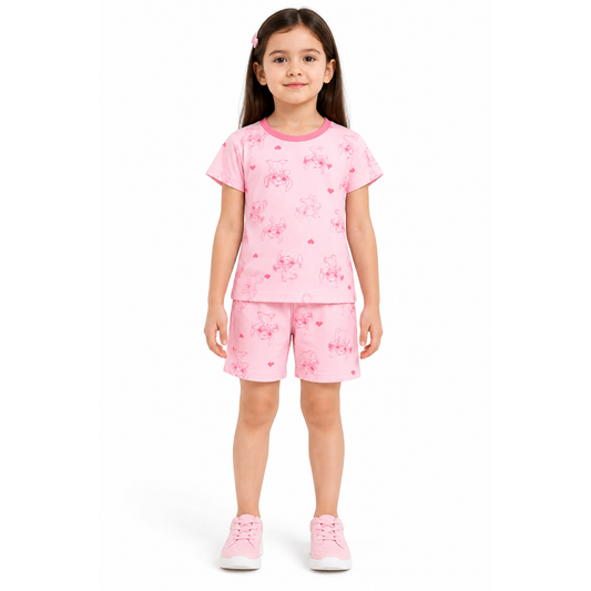 Girls Pink Cartoon Print T-Shirt & Shorts Set | Kids Nightwear
