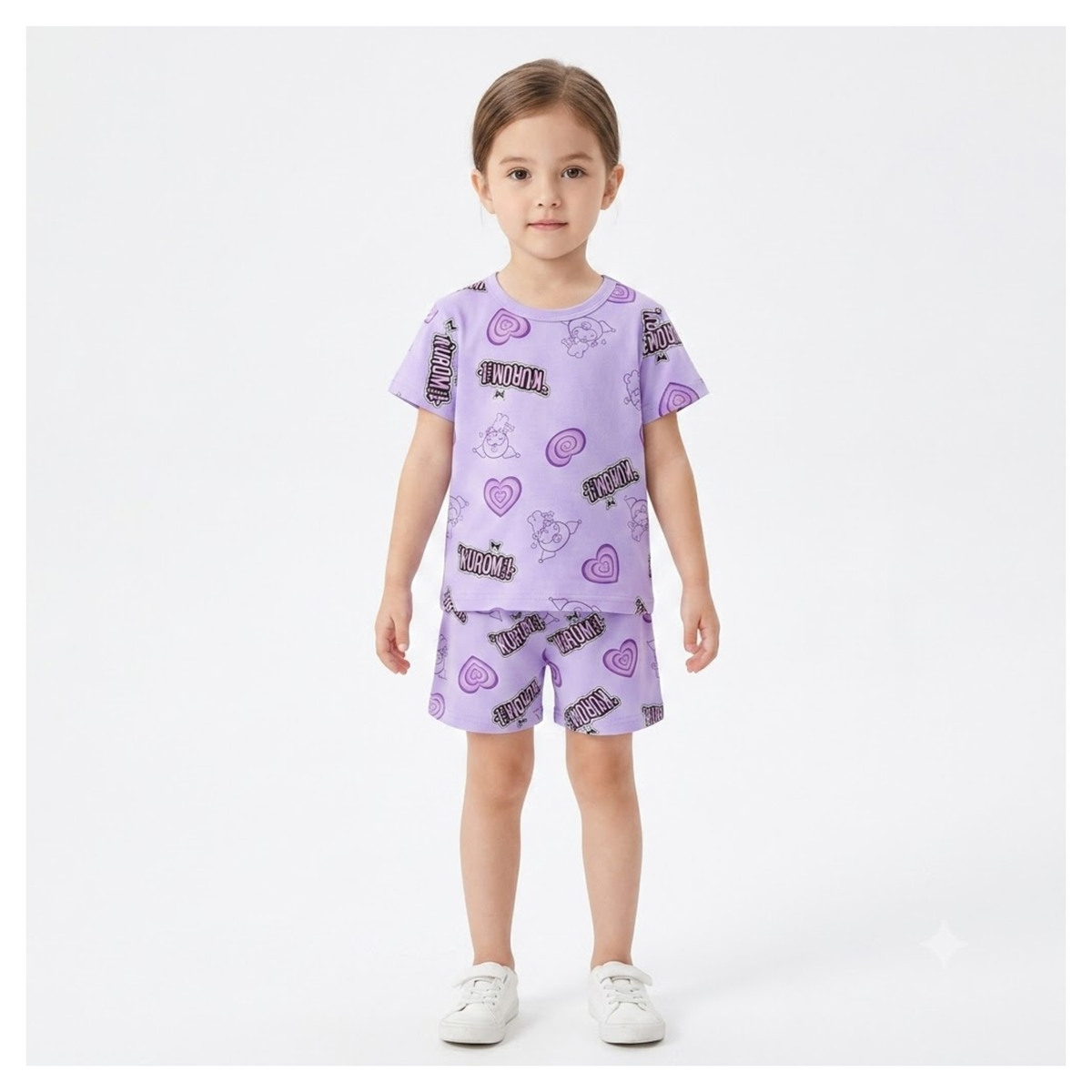 Girls Purple Kurom Printed T-Shirt & Shorts Set