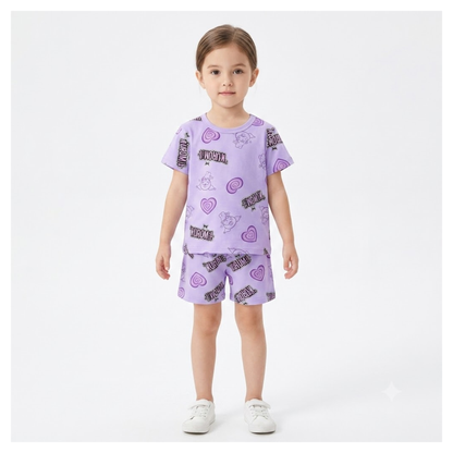 Girls Purple Kurom Printed T-Shirt & Shorts Set