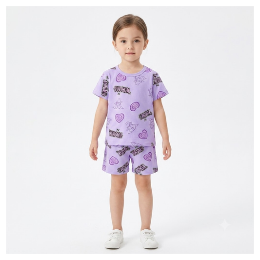 Girls Purple Kurom Printed T-Shirt & Shorts Set