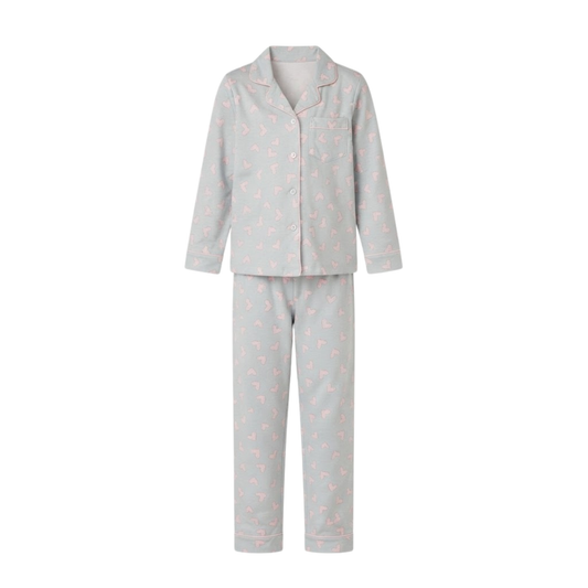 Grey & Pink Heart Print Pajama Set | Long-Sleeve Sleepwear