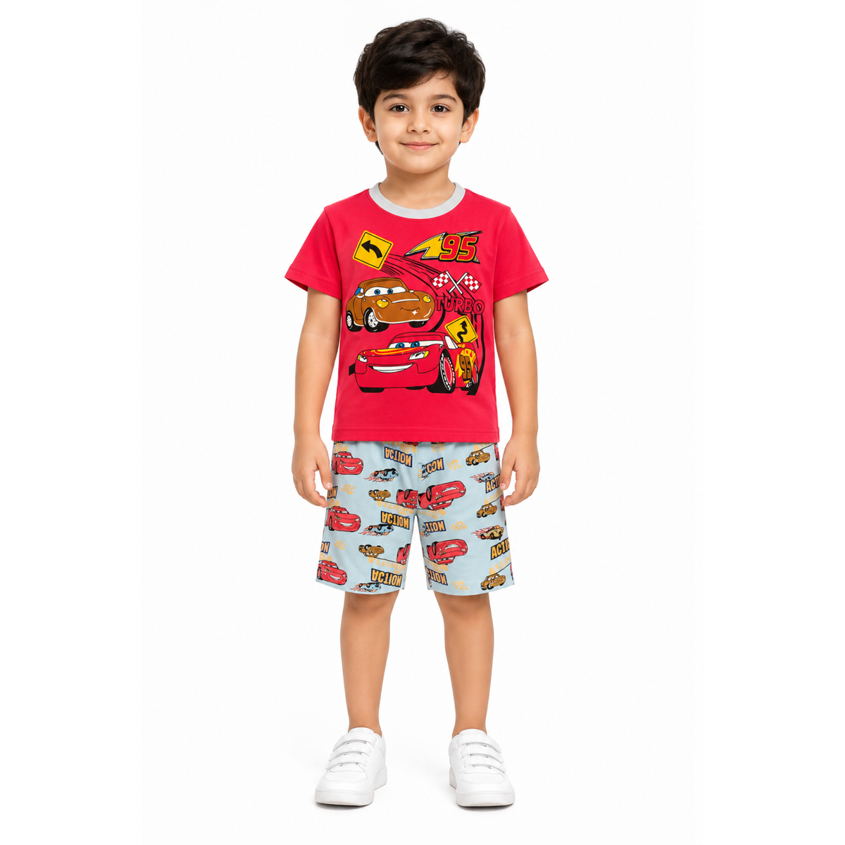 Kids Boys Red Racing Car T-Shirt & Shorts Set | Car Print Outfit