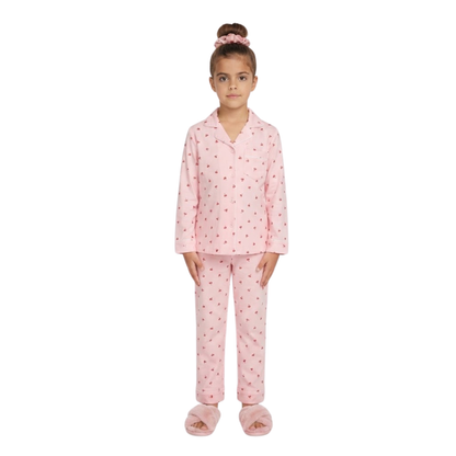 Girls Pink Cherry Print Pajama Set | Long-Sleeve Sleepwear