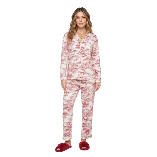 Red and White Toile Print Pajama Set | Long-Sleeve Sleepwear