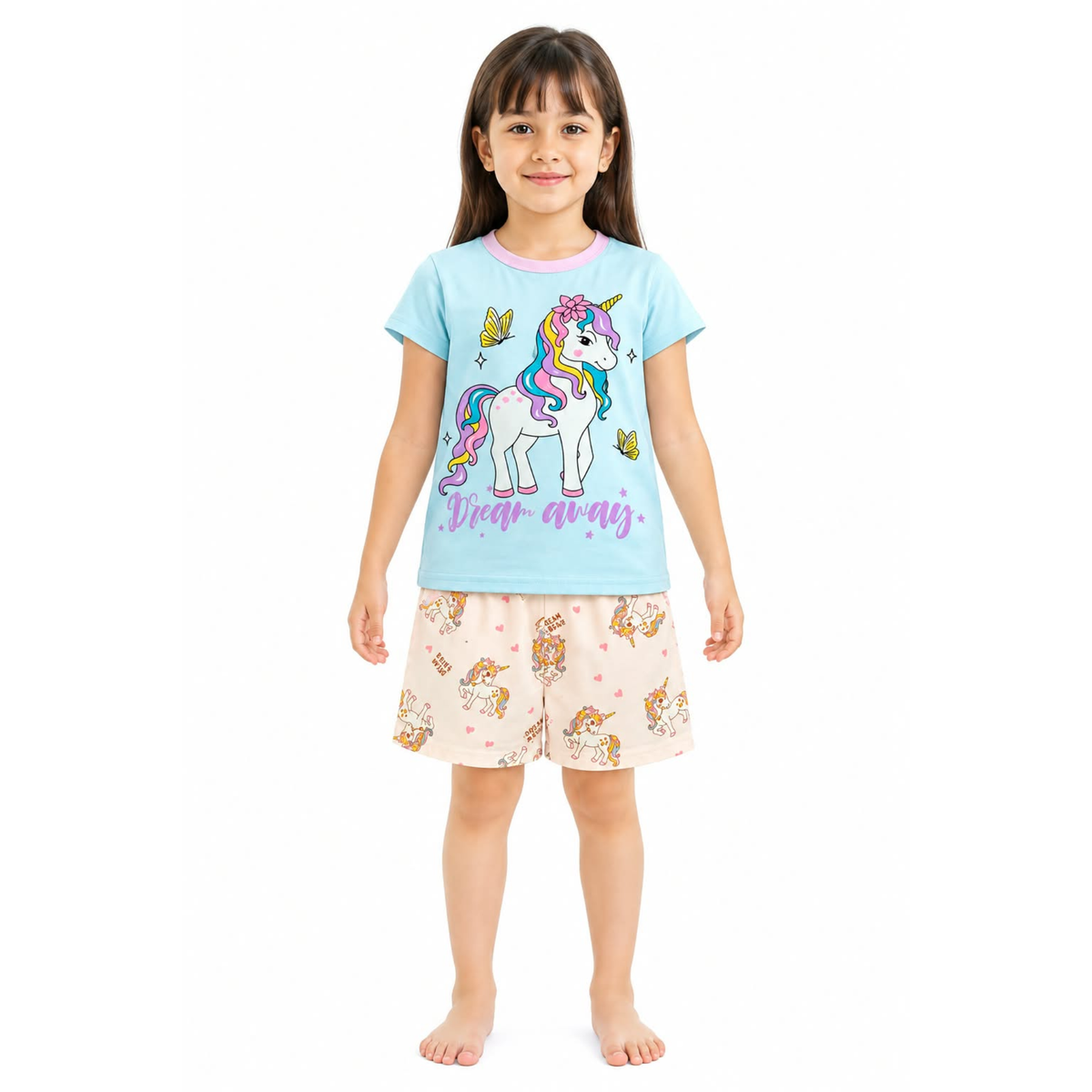 Unicorn print Girls Night Suit Set – Blue T-Shirt & Cream Shorts