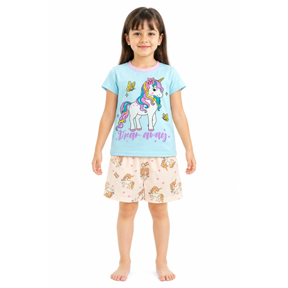 Unicorn print Girls Night Suit Set – Blue T-Shirt & Cream Shorts