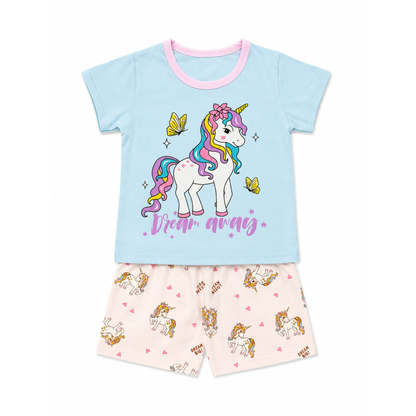 Unicorn print Girls Night Suit Set – Blue T-Shirt & Cream Shorts