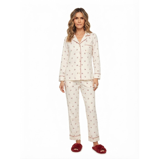 Women's Cherry Print Pajama Set | Long-Sleeve Button-Up Sleepwear