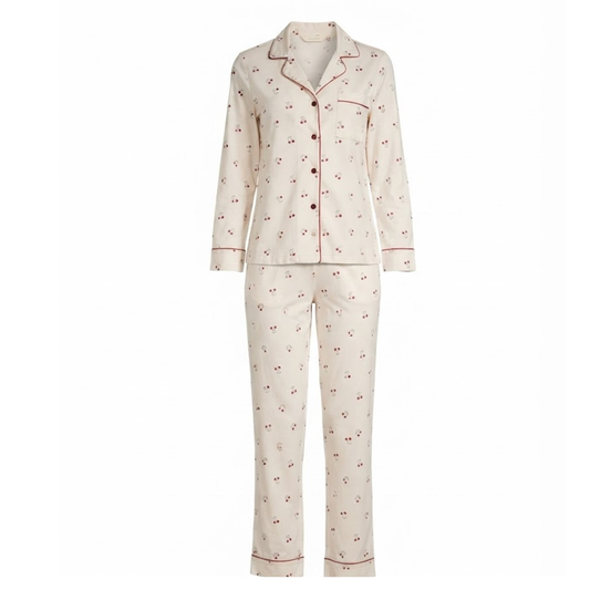 Women's Cherry Print Pajama Set | Long-Sleeve Button-Up Sleepwear