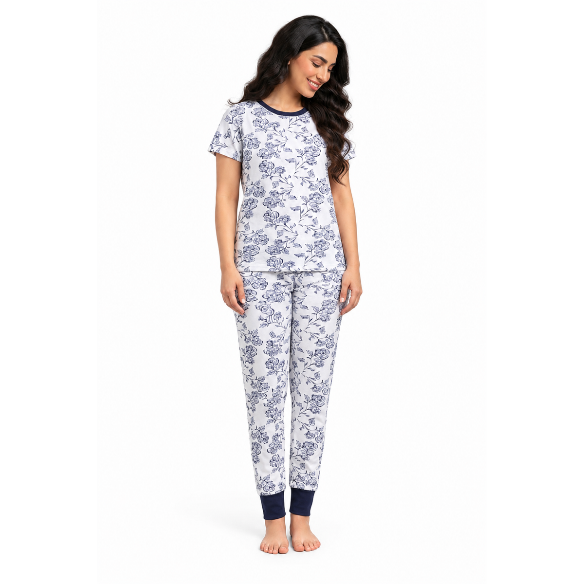 Women’s White & Navy Floral Pajama Set | Printed Night Suit