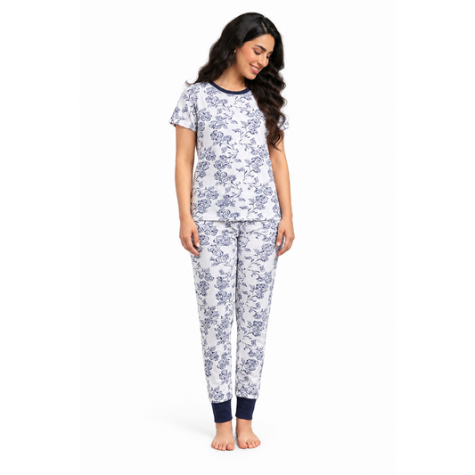 Women’s White & Navy Floral Pajama Set | Printed Night Suit