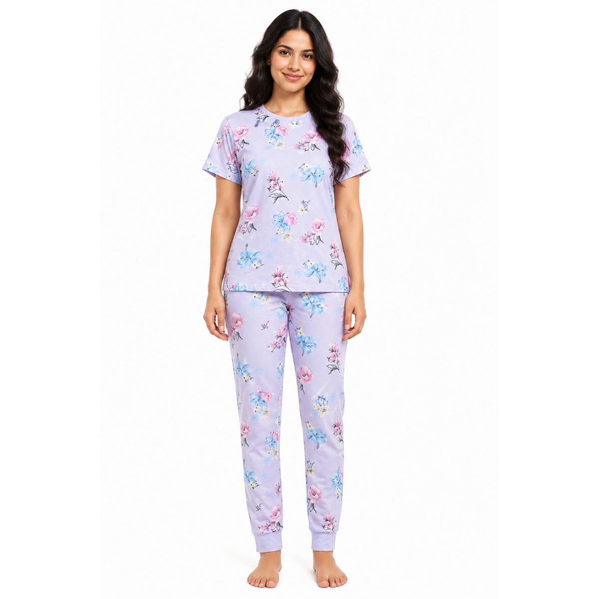 Women’s Blue Floral Pajama Set – Printed Night Suit