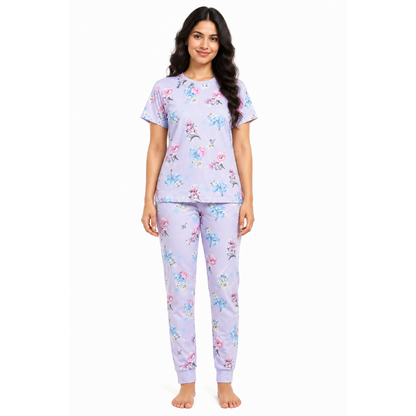 Women’s Blue Floral Pajama Set – Printed Night Suit