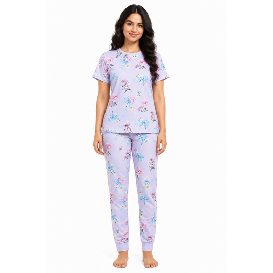 Women’s Blue Floral Pajama Set – Printed Night Suit