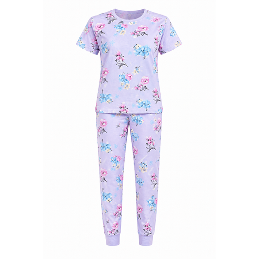 Women’s Blue Floral Pajama Set – Printed Night Suit