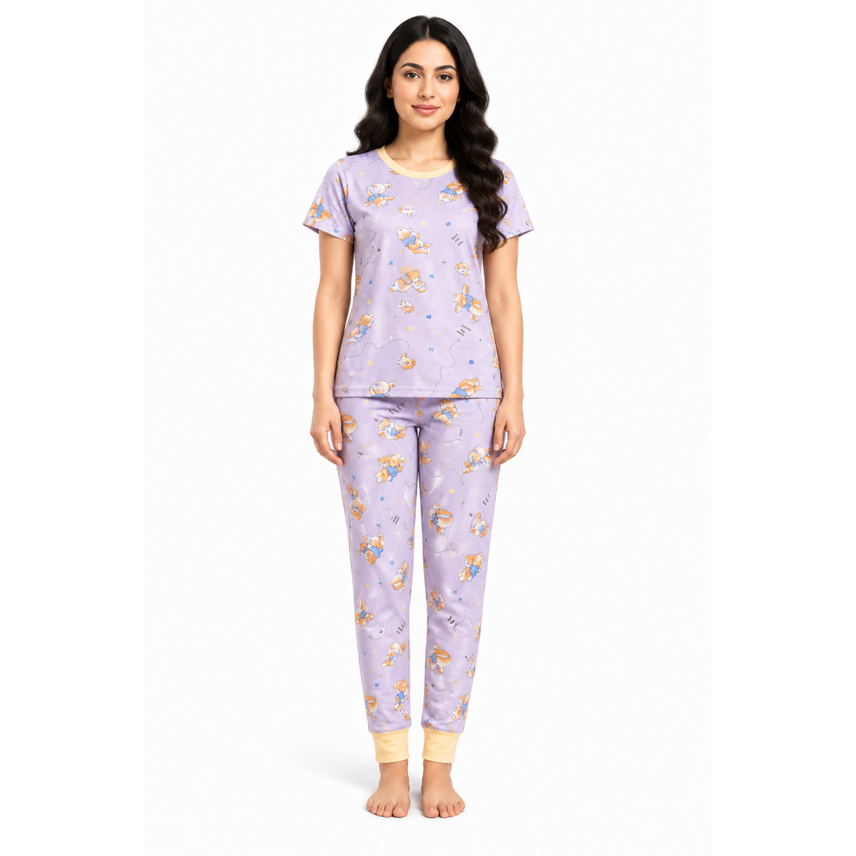 Women’s Lavender Teddy Bear Pajama Set | Cute Night Suit