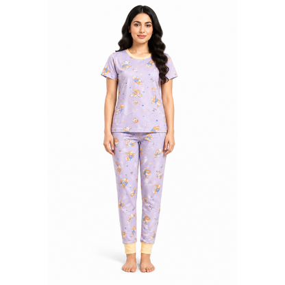 Women’s Lavender Teddy Bear Pajama Set | Cute Night Suit