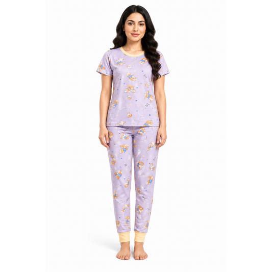 Women’s Lavender Teddy Bear Pajama Set | Cute Night Suit