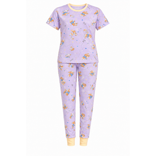 Women’s Lavender Teddy Bear Pajama Set | Cute Night Suit