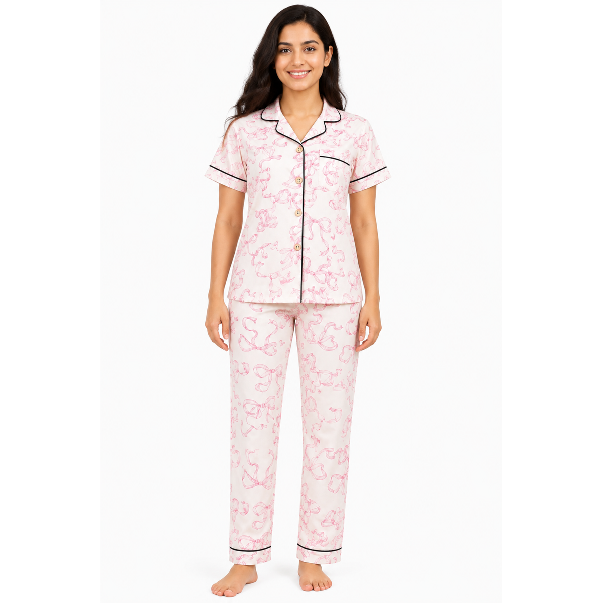 Women's Pink Bow Pajama Set | Button-up Nightwear