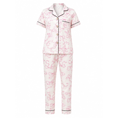 Women's Pink Bow Pajama Set | Button-up Nightwear
