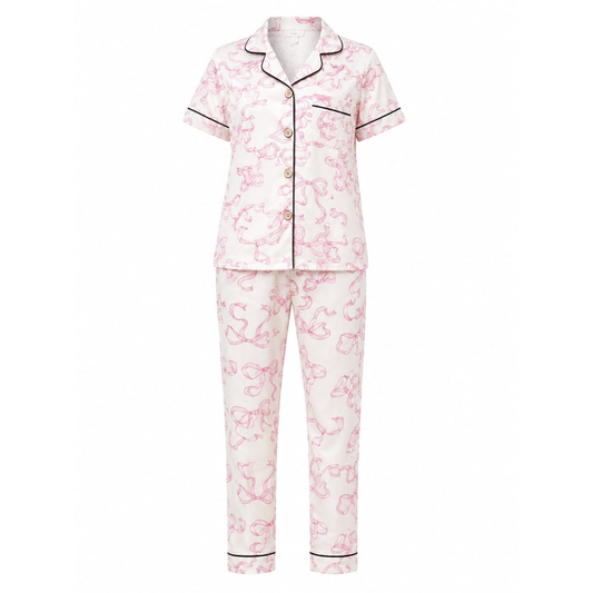 Women's Pink Bow Pajama Set | Button-up Nightwear