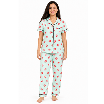 Women’s Pink Strawberry Print Pajama Set | Stylish Nightwear