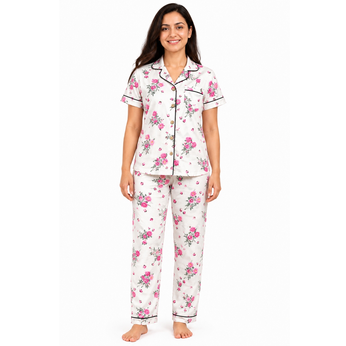 Women's Pink Floral Pajama Set | Button-up Nightwear