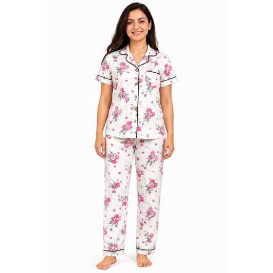Women's Pink Floral Pajama Set | Button-up Nightwear