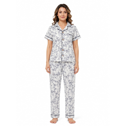 Women’s White Floral Pajama Set | Stylish Button-Up Nightwear
