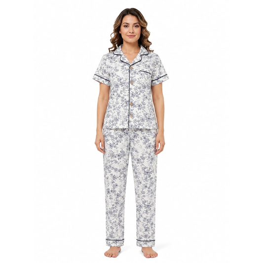 Women’s White Floral Pajama Set | Stylish Button-Up Nightwear