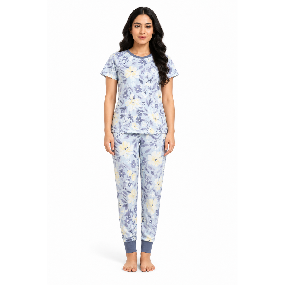 Women’s White Floral Pajama Set – Printed Night Suit