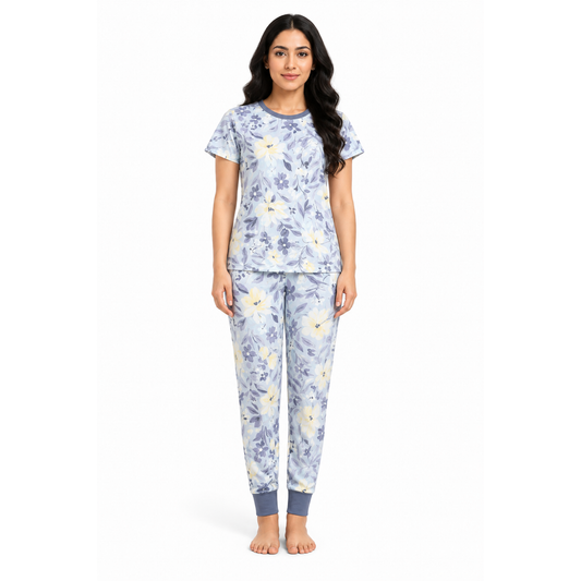 Women’s White Floral Pajama Set – Printed Night Suit