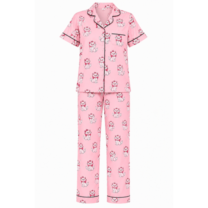 Women’s Pink Cat Print Pajama Set | Half Sleeve Button-Up Night Suit