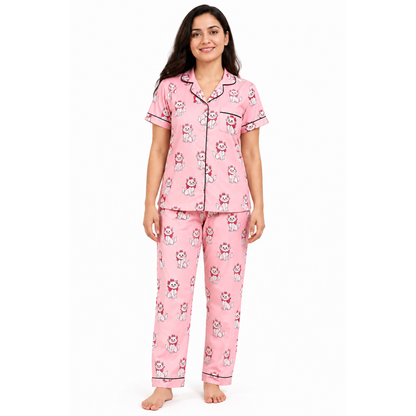 Women’s Pink Cat Print Pajama Set | Half Sleeve Button-Up Night Suit